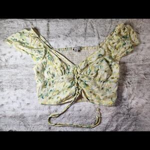 American Eagle Yellow Floral Viscose Tie Front Smocked Crop Top Size S